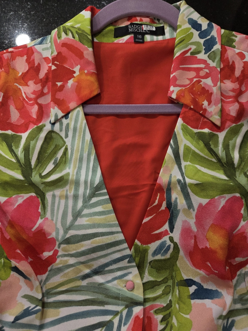 Badgley Mischka Tropical Floral V-Neck Midi Dress in Green and Red - Size 16 - Picture 9 of 12